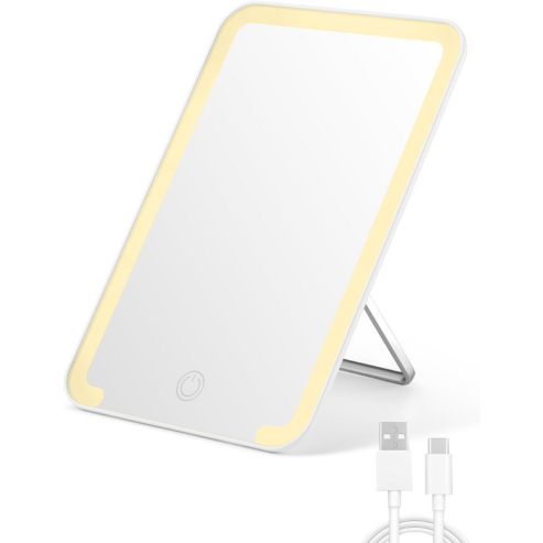 A portable LED makeup mirror with lights, featuring a foldable stand and touch dimming, shown with a USB cable for charging.