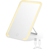 A portable LED makeup mirror with lights, featuring a foldable stand and touch dimming, shown with a USB cable for charging.