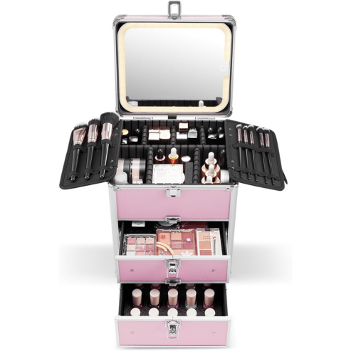 Makeup case with various cosmetic items on a white background