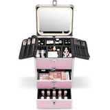 Makeup case with various cosmetic items on a white background