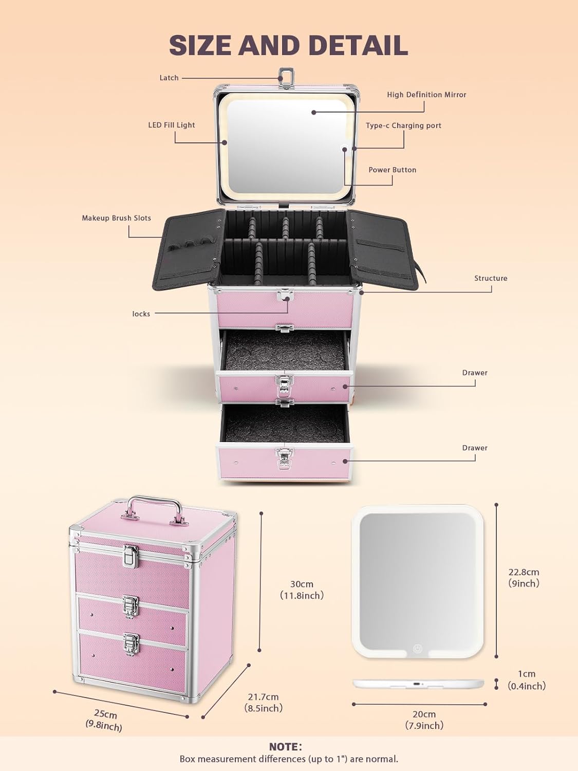 Pink makeup organizer with labeled features and dimensions on a beige background