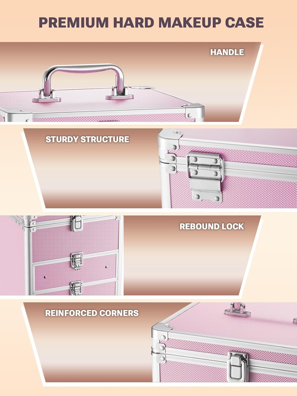 Pink hard makeup case with features highlighted on a beige background