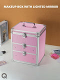 Pink makeup box on a white surface with a brown background