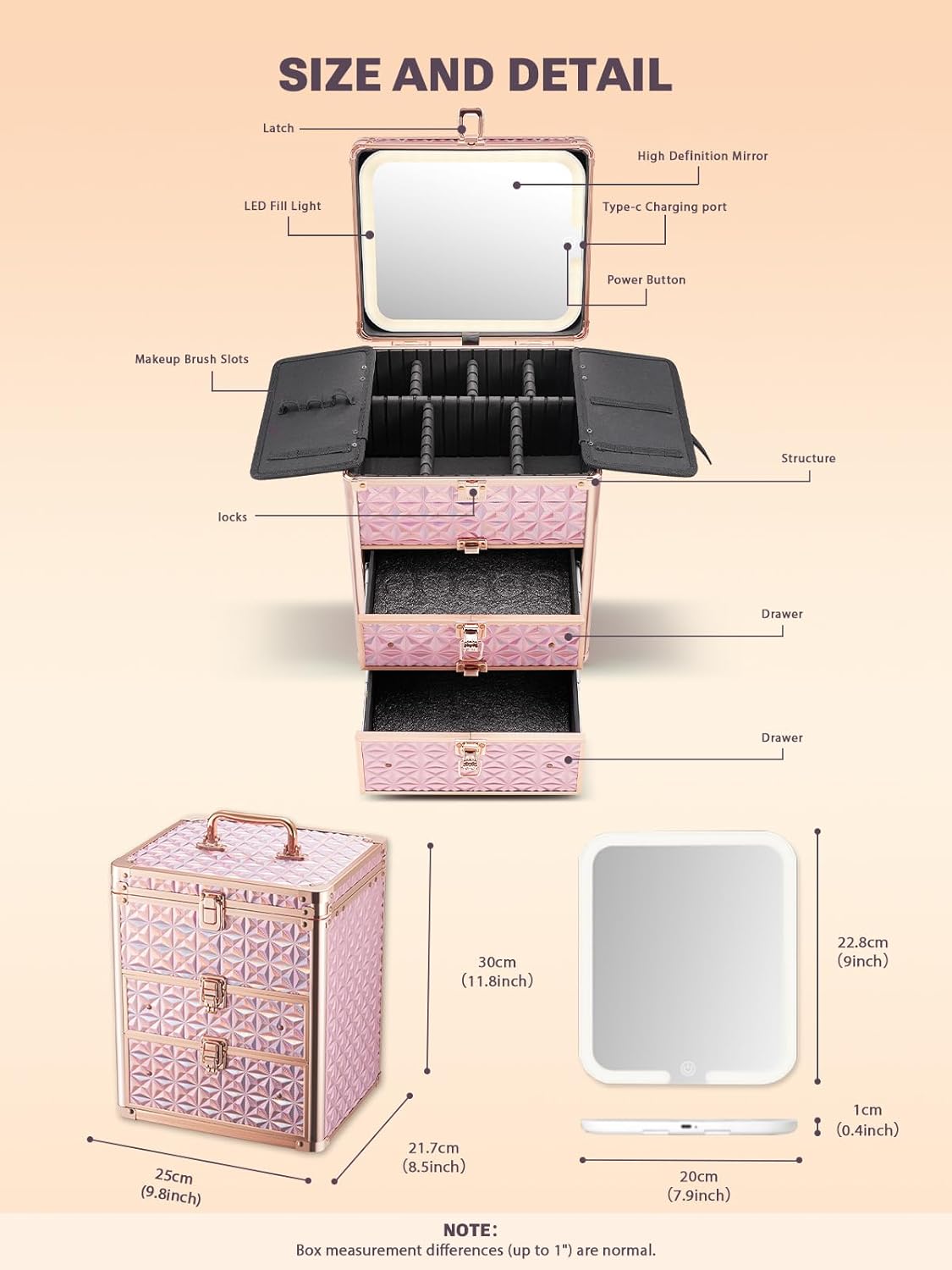 Makeup organizer with open compartments and dimensions labeled on a beige background