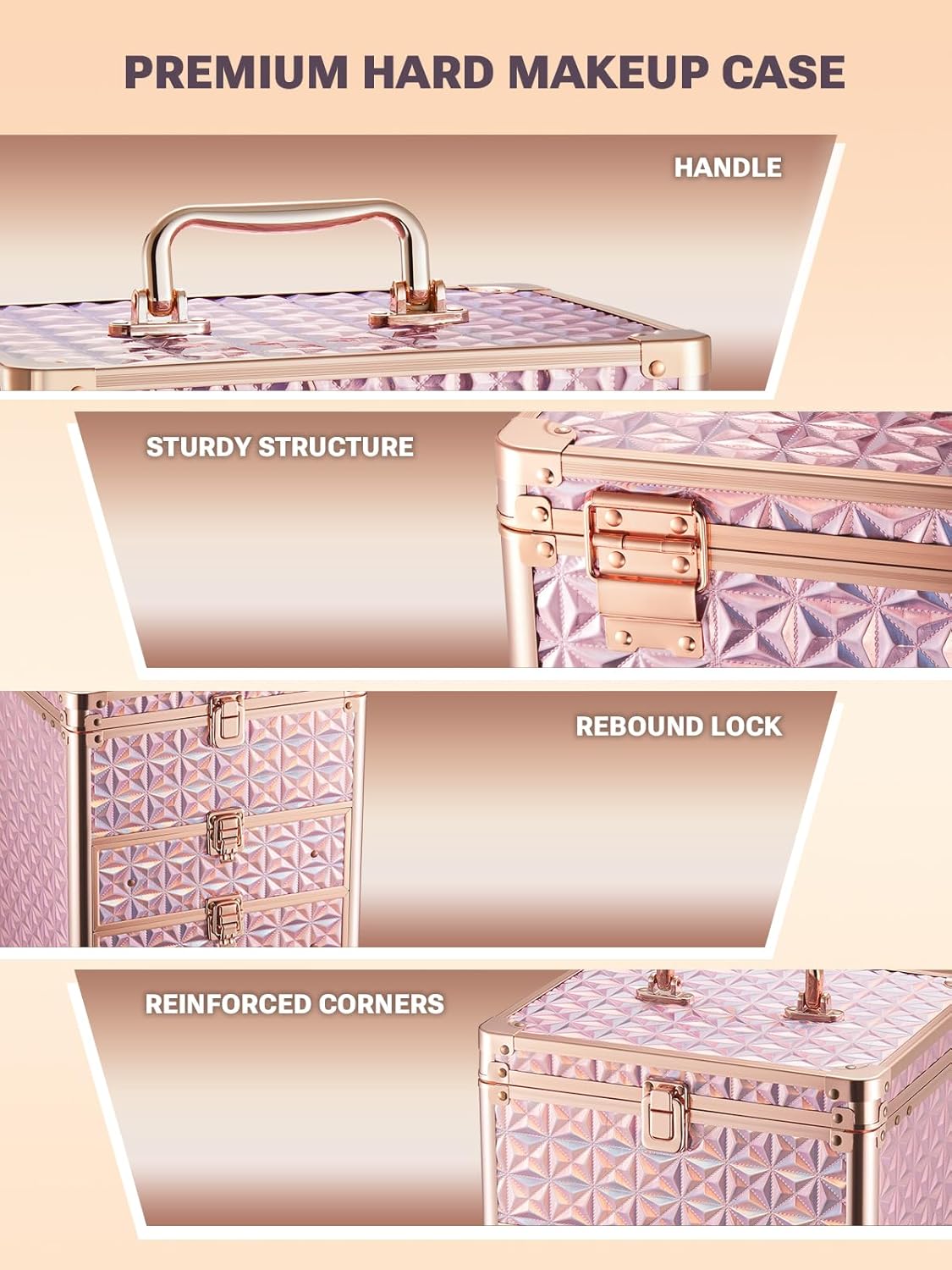 Premium hard makeup case with handle, sturdy structure, rebound lock, and reinforced corners on a beige background.
