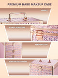 Premium hard makeup case with handle, sturdy structure, rebound lock, and reinforced corners on a beige background.