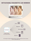 Detachable magnetic LED mirror with a woman's reflection and text about its features.