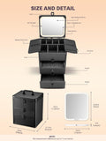Black makeup organizer with labeled compartments and dimensions on a beige background