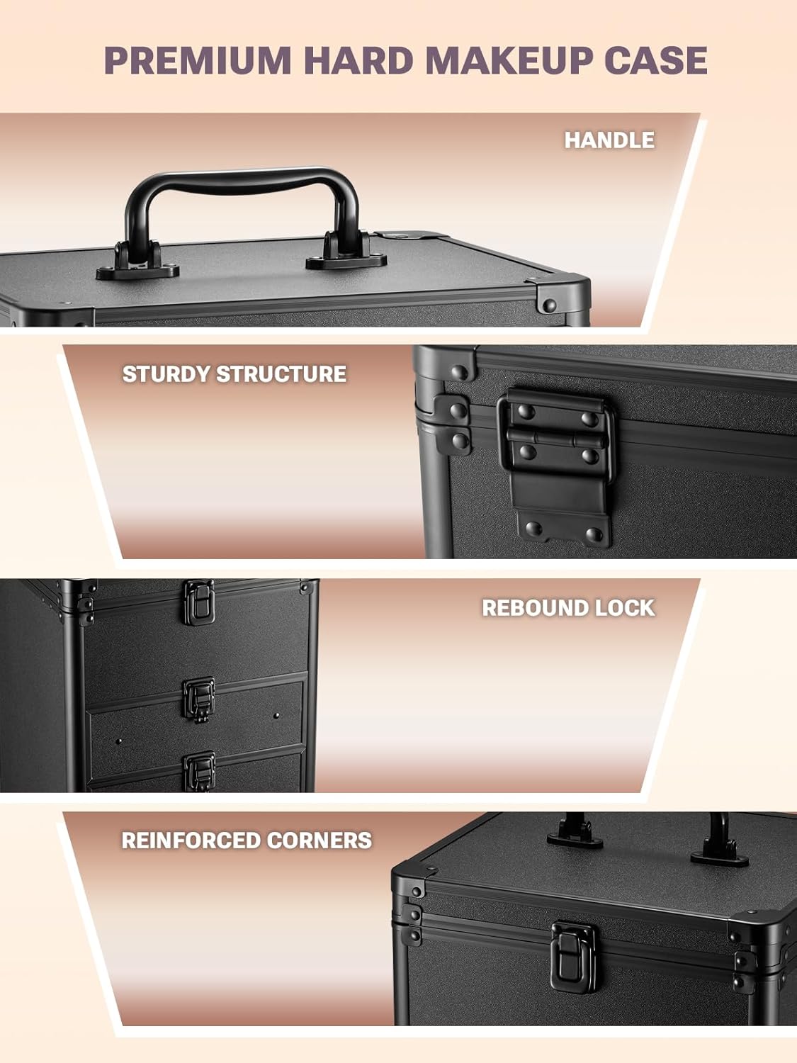 Premium hard makeup case with handle, sturdy structure, rebound lock, and reinforced corners on a beige background.