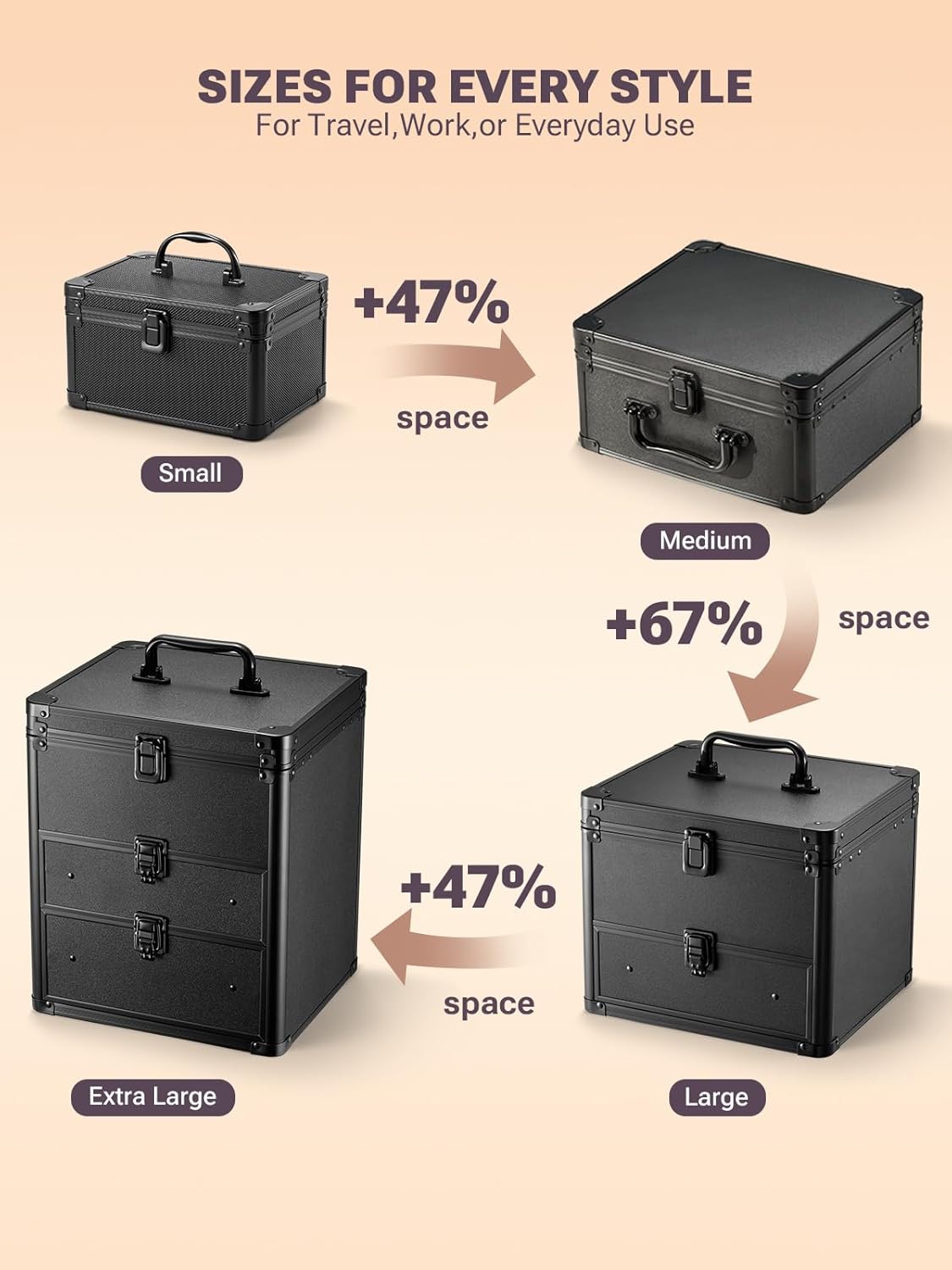 Black storage cases with size comparison on a beige background