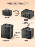 Black storage cases with size comparison on a beige background