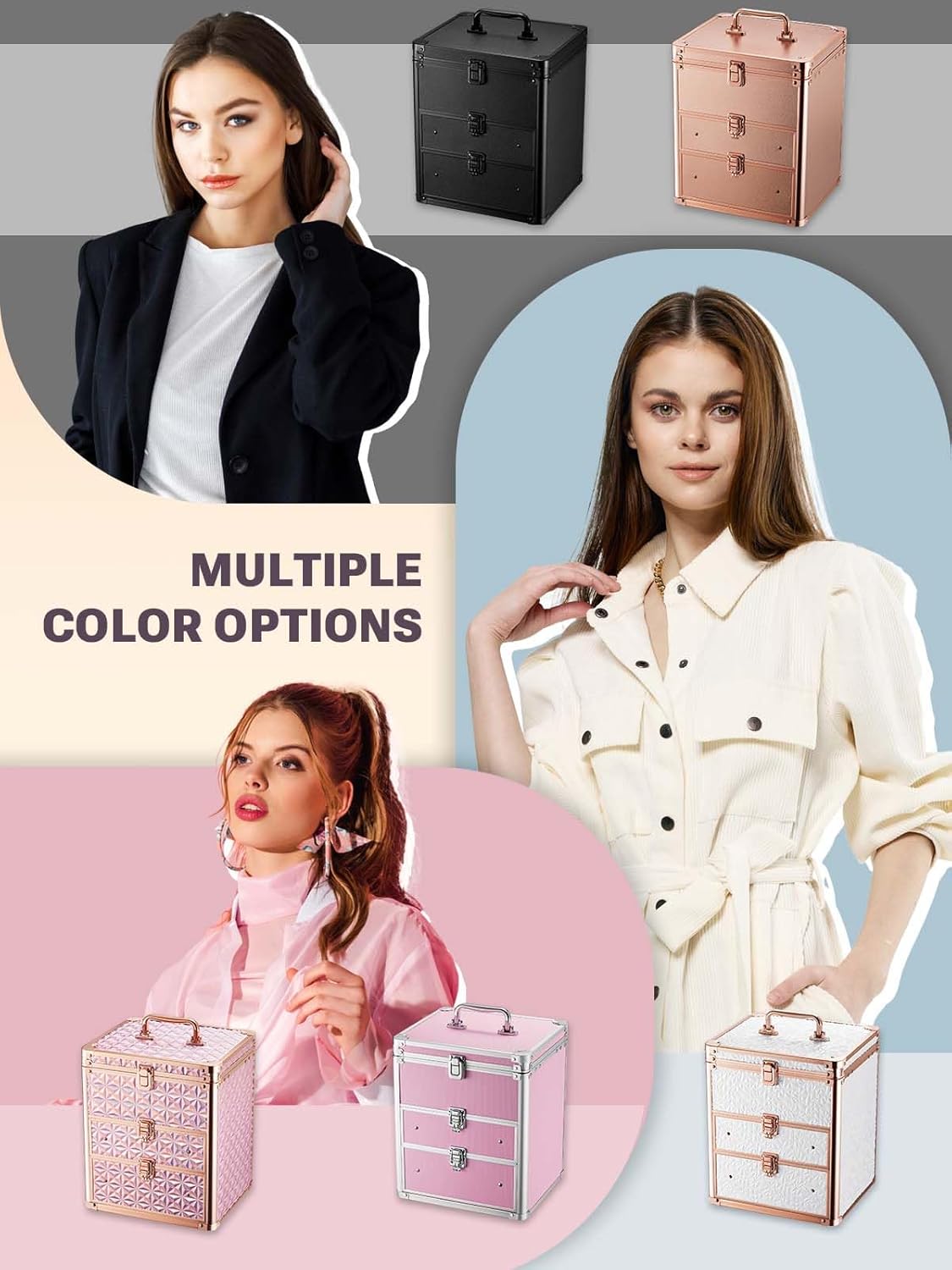Collage of women with cosmetic bags and text 'Multiple Color Options' on a gray background.