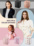 Collage of women with cosmetic bags and text 'Multiple Color Options' on a gray background.