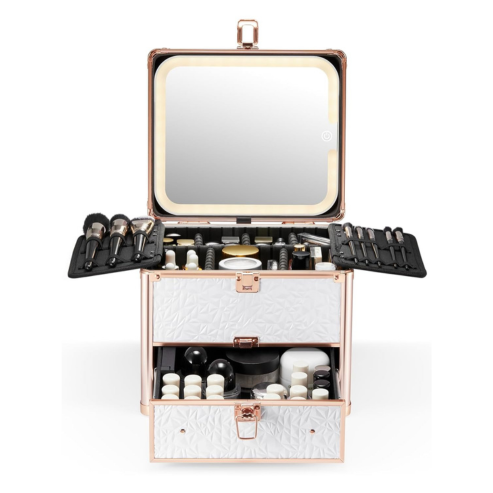 A makeup box with drawers and a detachable lighted mirror, containing various makeup items like brushes and bottles, the box is open and displayed against a white background.