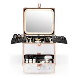 A makeup box with drawers and a detachable lighted mirror, containing various makeup items like brushes and bottles, the box is open and displayed against a white background.