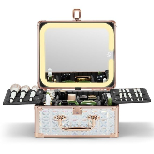 A makeup box with a detachable lighted octagonal mirror, featuring multiple compartments with adjustable dividers, and a brush storage board. The exterior has a geometric pattern with a rose gold finish.
