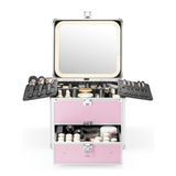 A pink makeup box with drawers and a detachable lighted mirror, equipped with various makeup storage compartments.