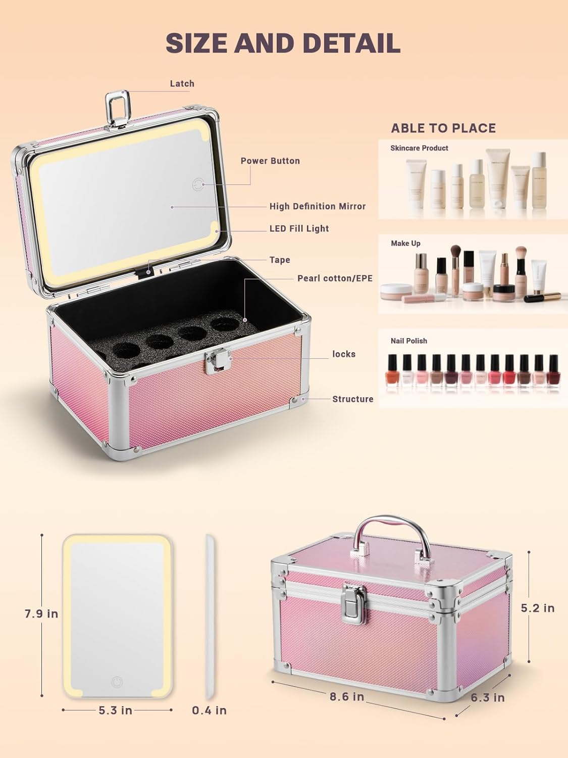 Pink makeup storage case with mirror, buttons, and dimensions displayed.