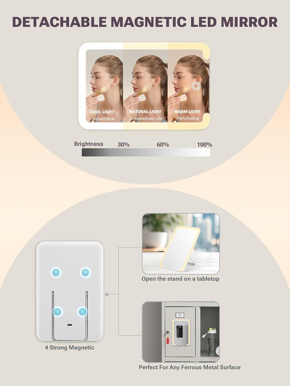 Detachable magnetic LED mirror with brightness control and stand features.