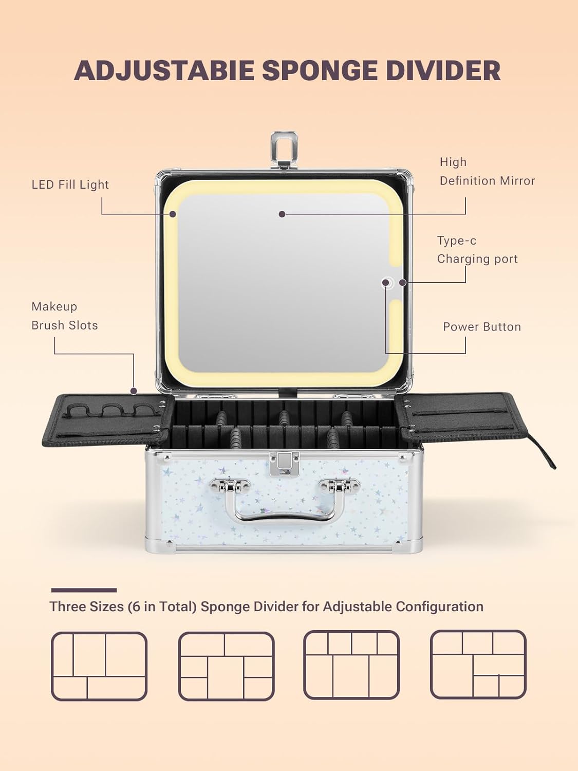starry white makeup box with adjustable sponge divider and detachable LED fill light, and brush slots