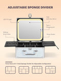 starry white makeup box with adjustable sponge divider and detachable LED fill light, and brush slots