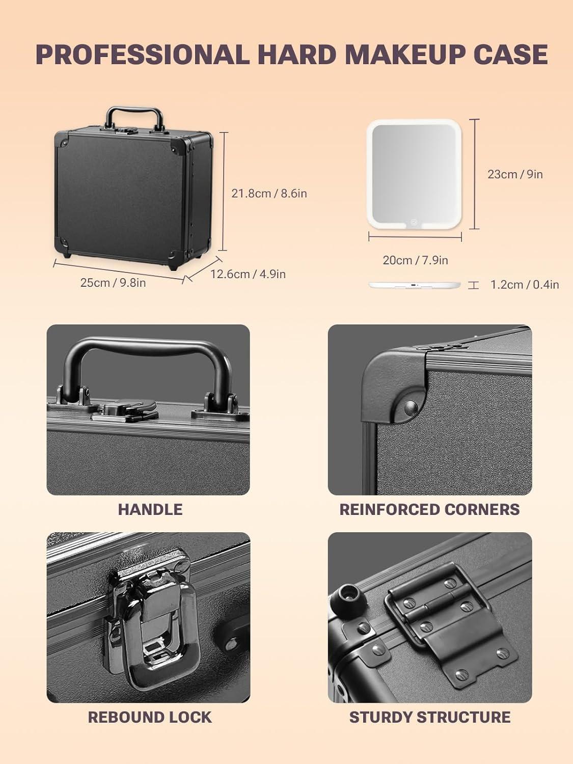 professional hard makeup case with LED mirror, handle, reinforced corners, rebound lock, sturdy structure. The dimensions of the makeup box and the mirror are also shown