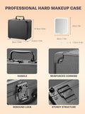 professional hard makeup case with LED mirror, handle, reinforced corners, rebound lock, sturdy structure. The dimensions of the makeup box and the mirror are also shown