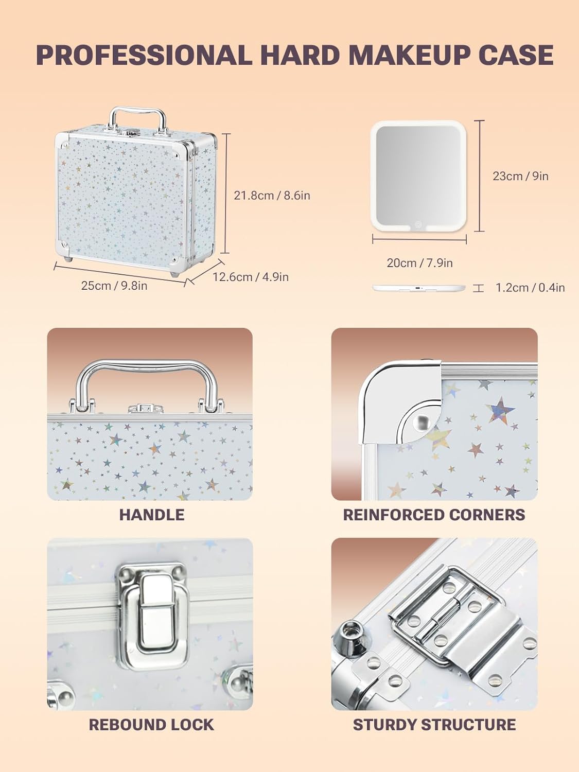 professional hard makeup case with LED mirror, handle, reinforced corners, rebound lock, sturdy structure. The dimensions of the makeup box and the mirror are also shown