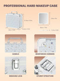 professional hard makeup case with LED mirror, handle, reinforced corners, rebound lock, sturdy structure. The dimensions of the makeup box and the mirror are also shown