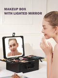 black makeup box with LED mirror and a woman checking her reflection