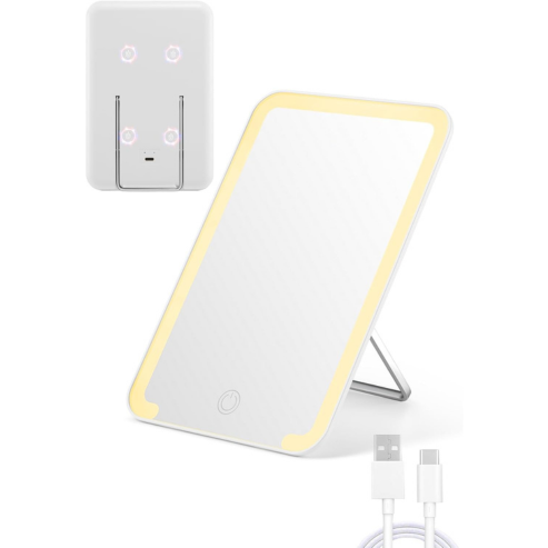 A magnetic locker LED mirror with a foldable stand, featuring a white frame and a touch dimming control on the side, accompanied by a USB cable.