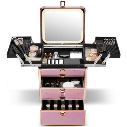 Qislee Makeup Box with Double Drawers and Four Trays, Detachable Lighted Mirror, Waterproof Travel Train Case, Cosmetic Organizer and Makeup Suitcase with Magnetic LED Mirror(Sparkling Gradient Pink)