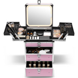 Makeup organizer with various cosmetic items and tools on a white background
