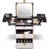 Makeup case with drawers and various tools and products on a white background