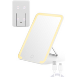 A magnetic locker LED mirror with a foldable stand, featuring a white frame and a touch dimming control on the side, accompanied by a USB cable.