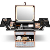 Makeup organizer with various cosmetic items and a mirror on a white background