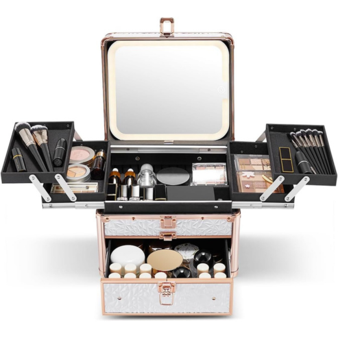 Makeup organizer with various cosmetic items and a mirror on a white background