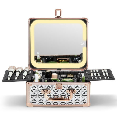 A makeup box with a detachable lighted mirror, featuring multiple compartments with adjustable dividers, and a geometric pattern on the exterior.