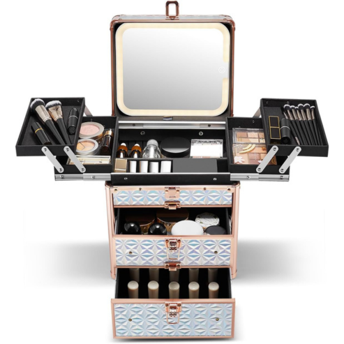 white makeup organizer with various cosmetic items and brushes on a white background