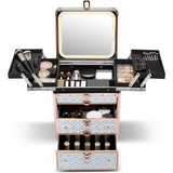 white makeup organizer with various cosmetic items and brushes on a white background