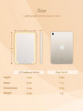 LED makeup mirror with built-in lighting, shown next to an iPad Mini 5 for size comparison. The mirror is white, has a foldable stand, and is designed to be lightweight.