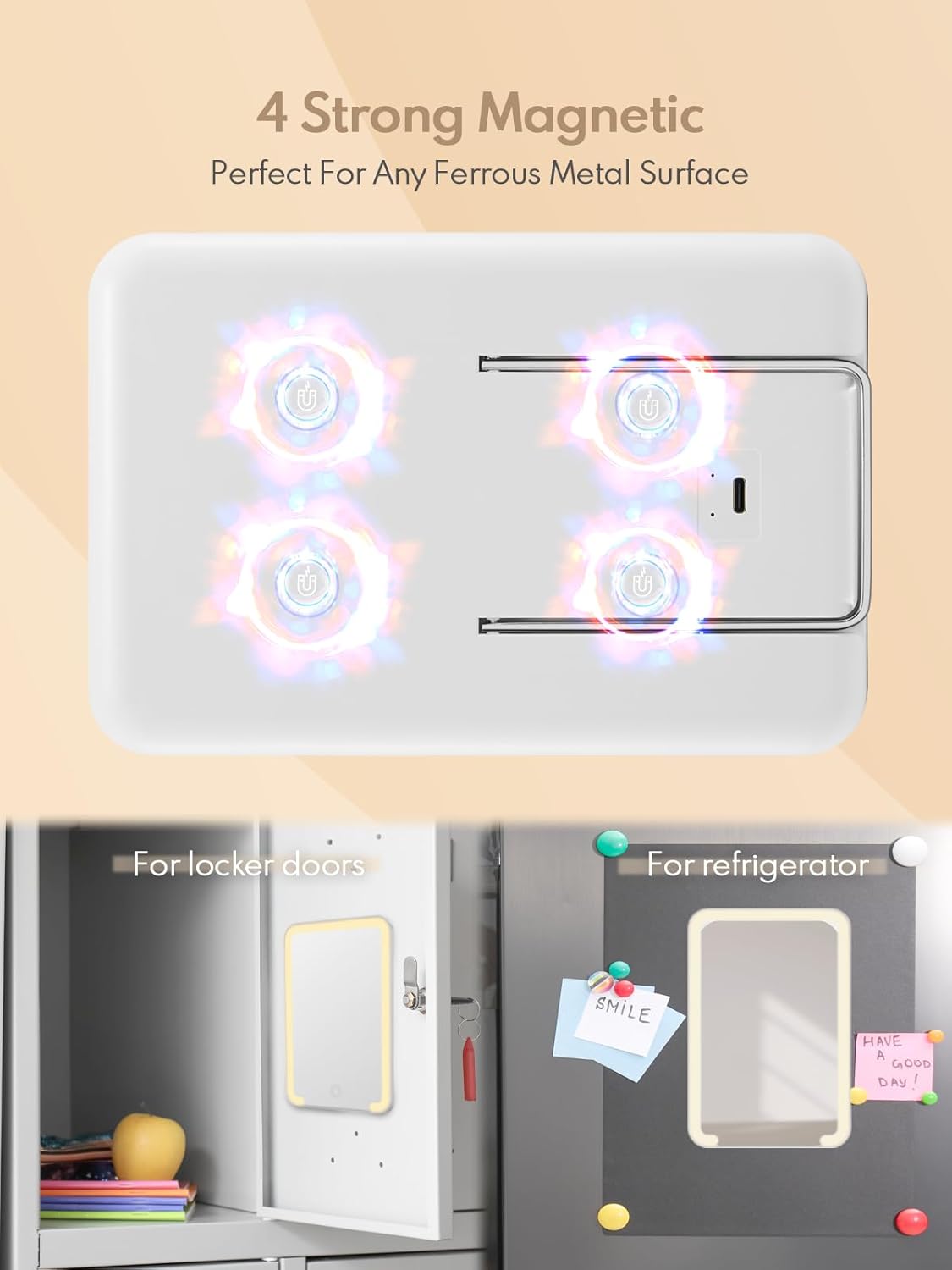 LED mirror with 4 strong magnets for locker doors or other metal surface