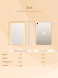 LED makeup mirror with built-in lighting, shown next to an iPad Mini 6 for size comparison. The mirror is white, has a foldable stand, and is designed to be lightweight.