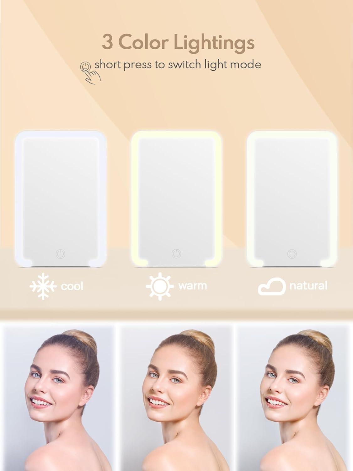 LED mirror with 3 color light modes: cool, warm, and natural