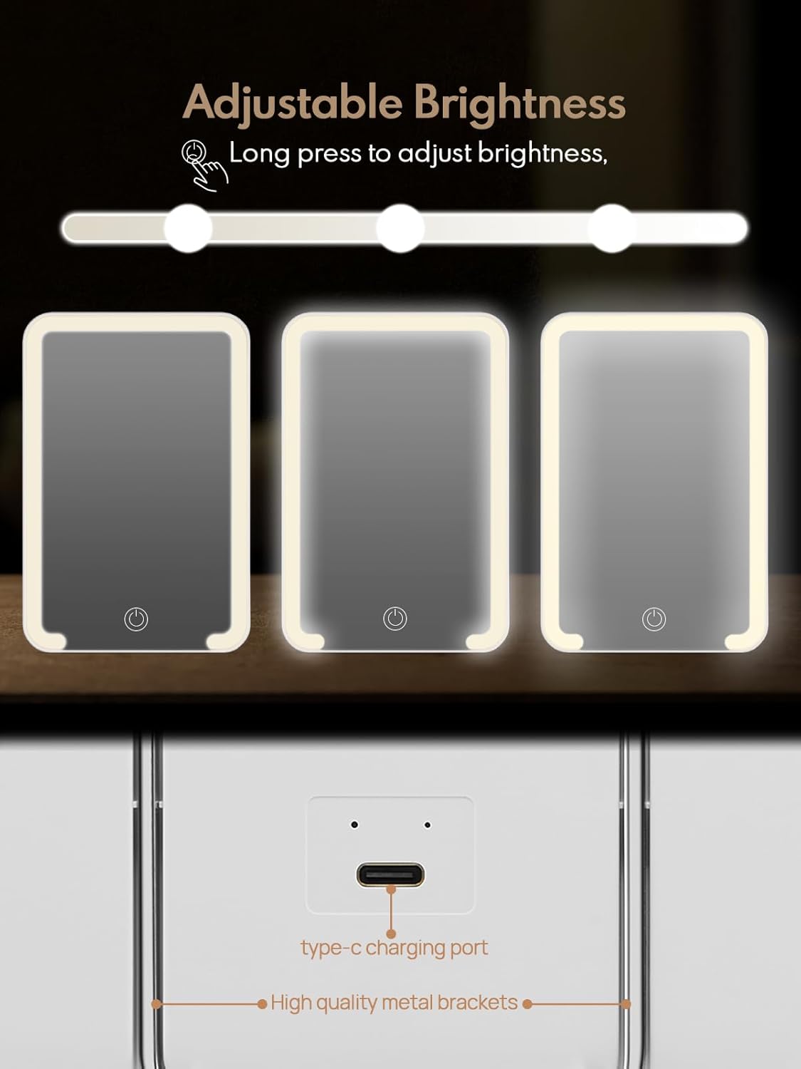 LED mirror with adjustable brightness, type-c charging port, and a high quality metal bracket