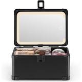 Black makeup case with open lid showing cosmetic items on a white background