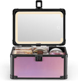 Makeup case with open lid showing mirror and compartments on a white background