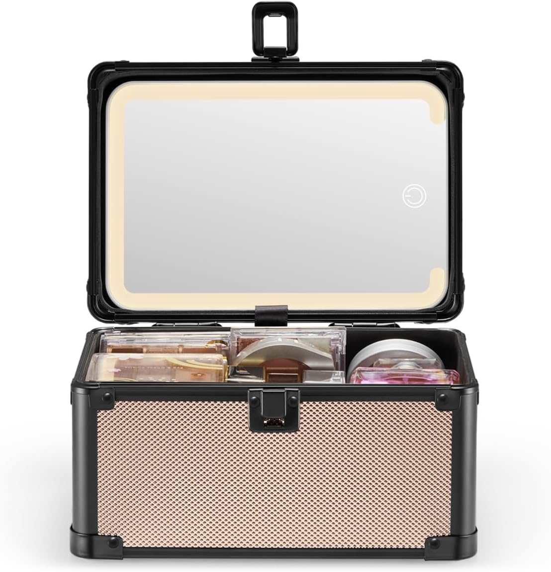 Black and rose gold makeup case with open lid showing mirror and contents on a white background