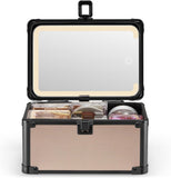 Black and rose gold makeup case with open lid showing mirror and contents on a white background