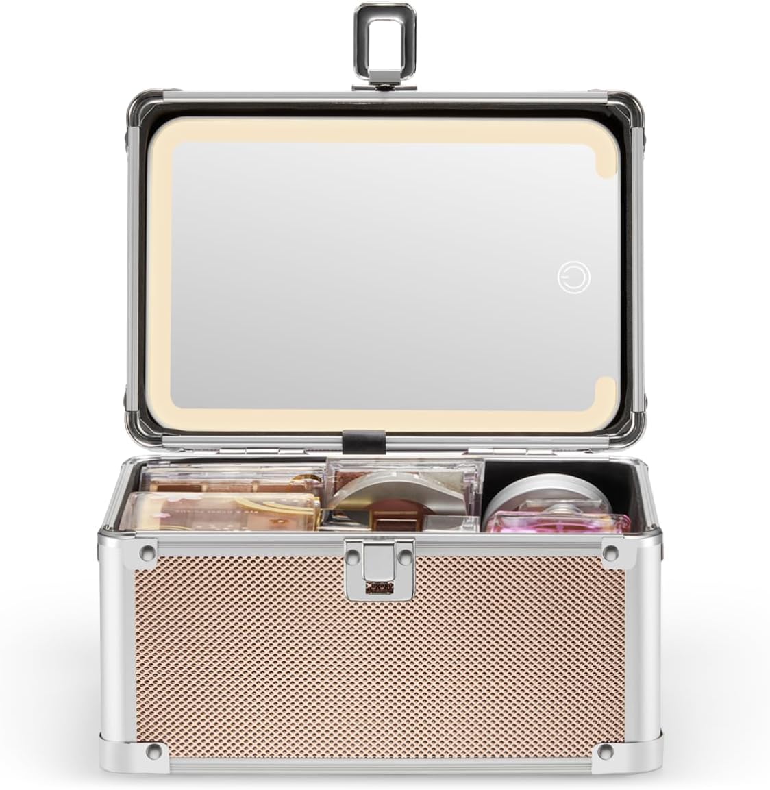 Makeup case with mirror and compartments on a white background